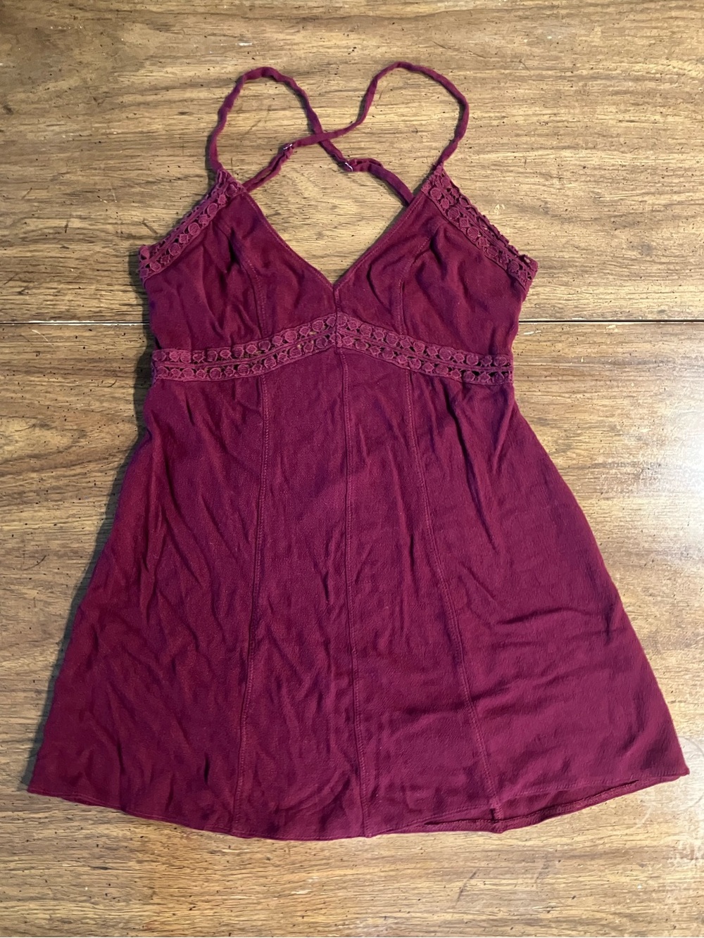Free People V-Neck Babydoll Slip Mini Dress S Crochet Open Back Top Burgundy